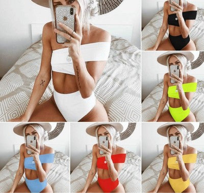 Solid Color Off Shoulder Bandage Swimsuit